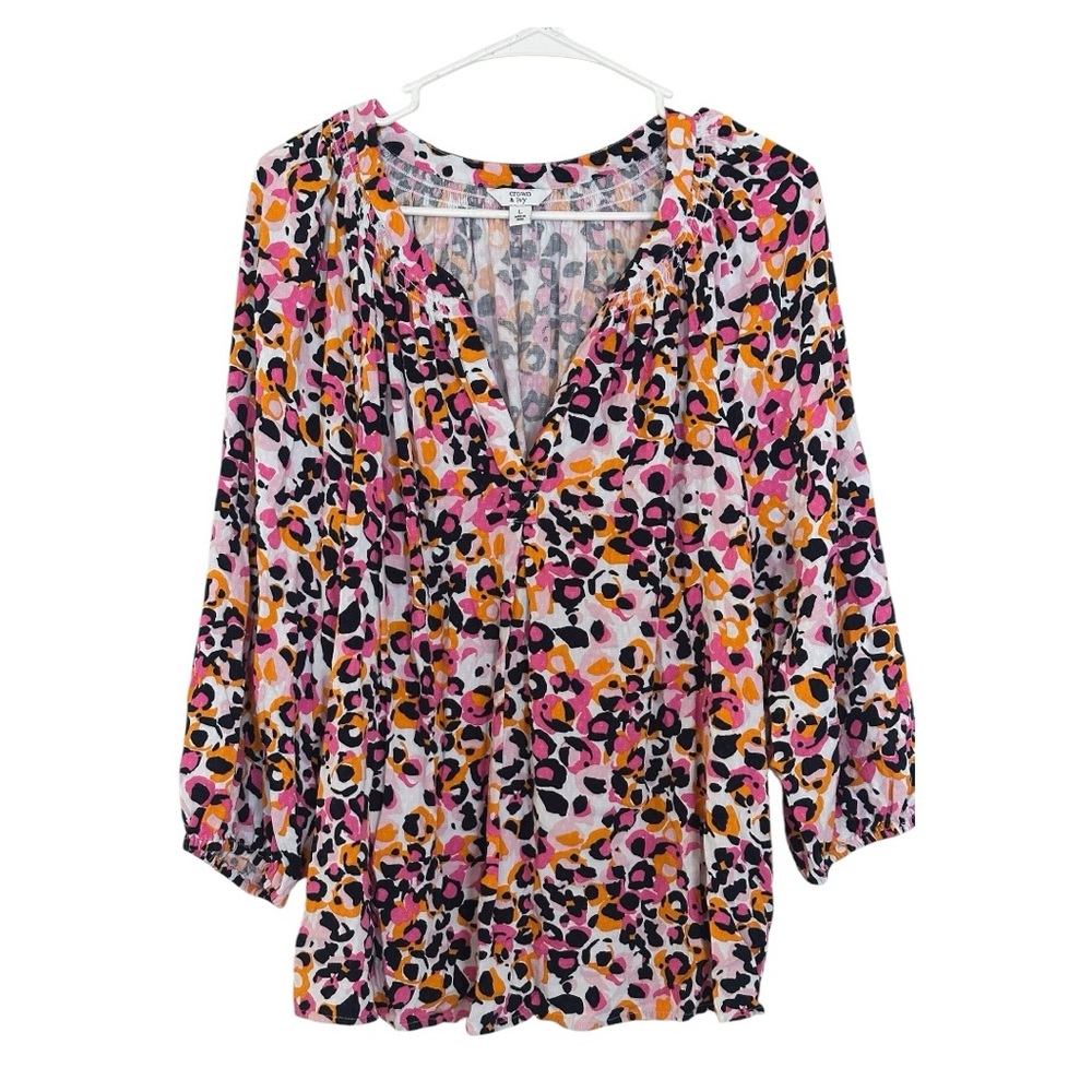 Crown & Ivy Boho Leopard Peasant Blouse Large Pink Orange V-Neck NWOT